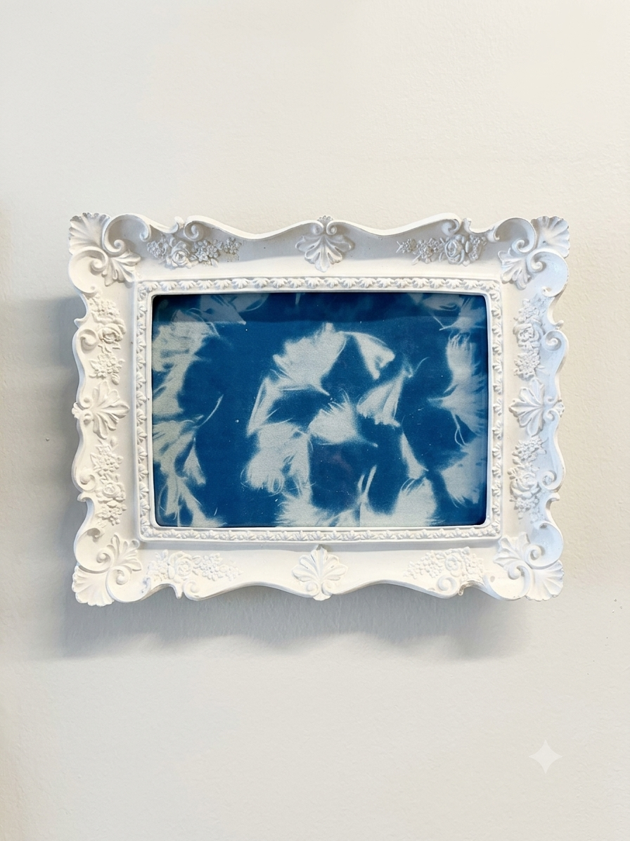 Cyanotype Print with White Ornate Frame