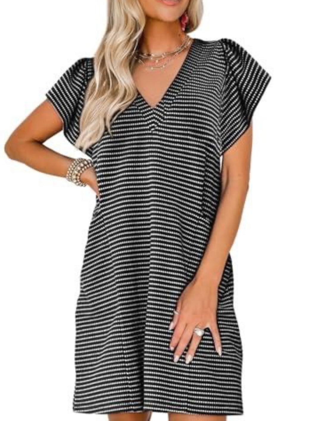 V Neck Short Sleeve Striped Mini Dress