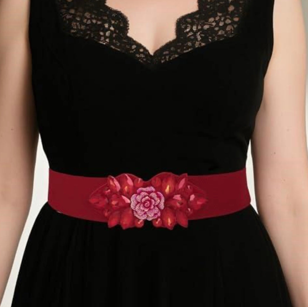 Red Rhinestone Stretch Belt Wide Formal Belt