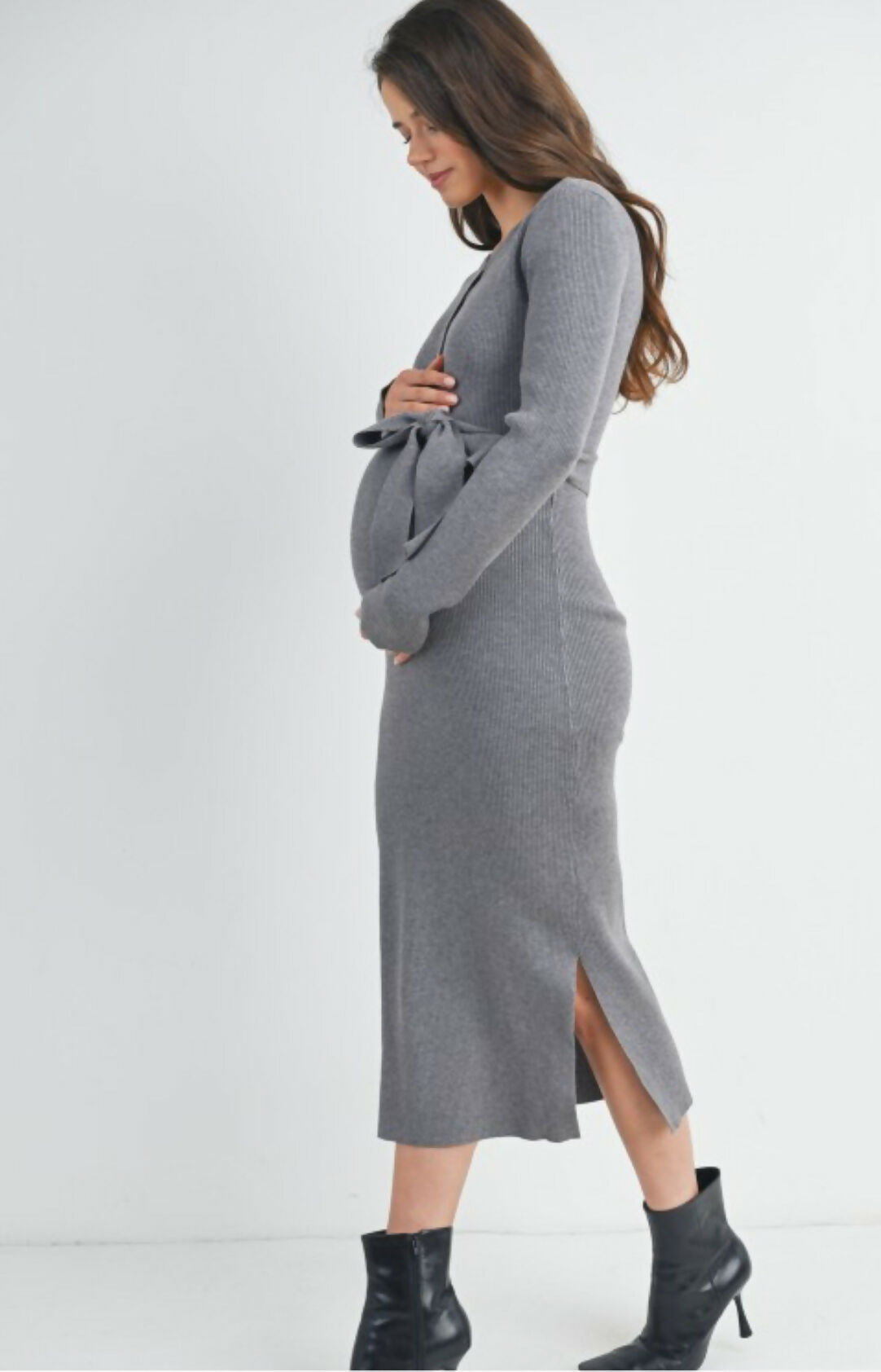 Ribbed Maternity Nursing Sweater Dress in Charcoal