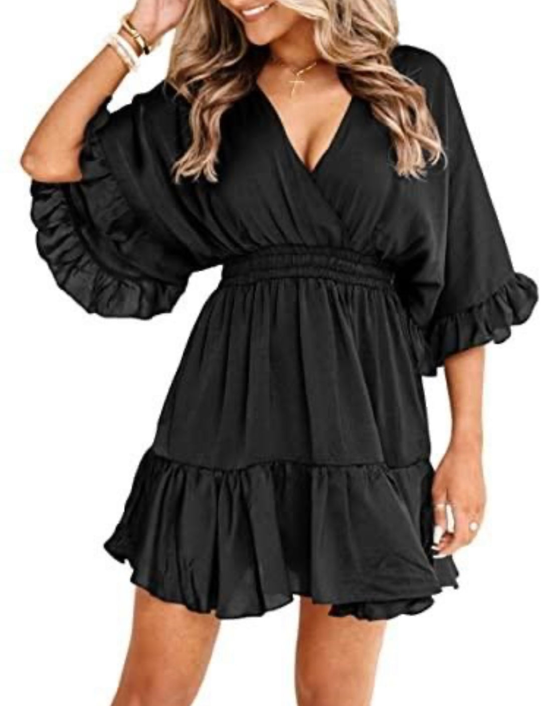 High Waist Ruffle Pleated Dress, Black