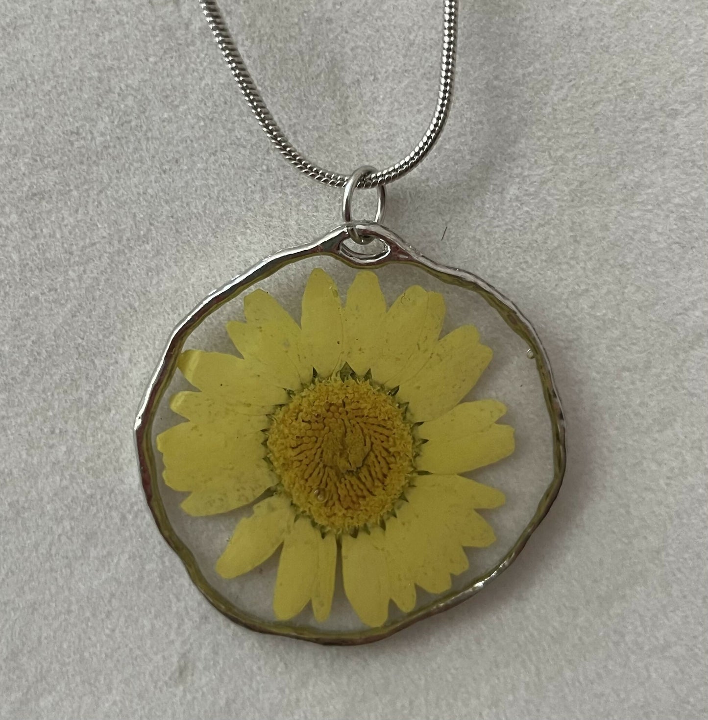 Yellow Daisy Pressed Flower Pendant 1 1/4” on 18” Necklace