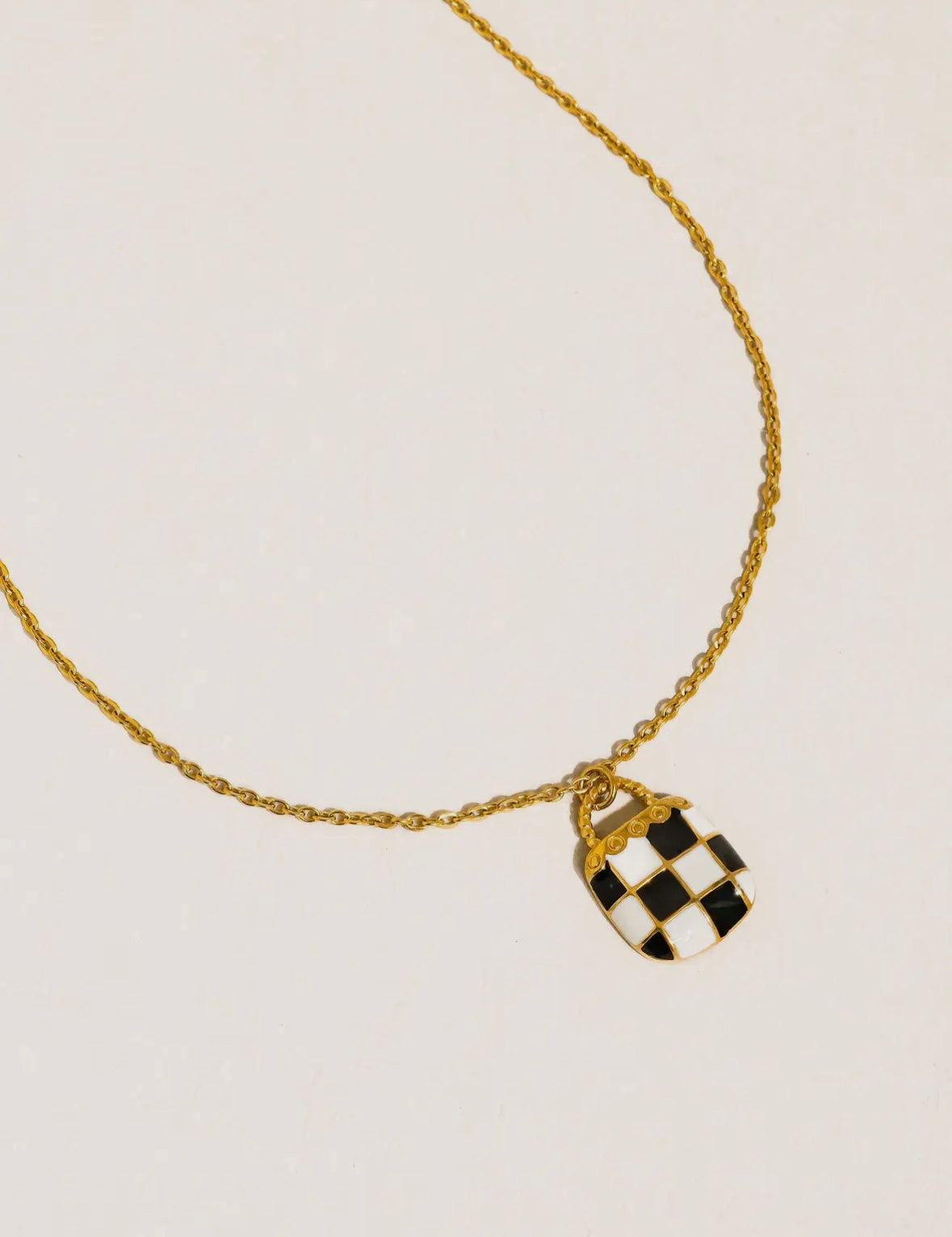 18K Gold Non-Tarnish Checkered Pendant Necklace