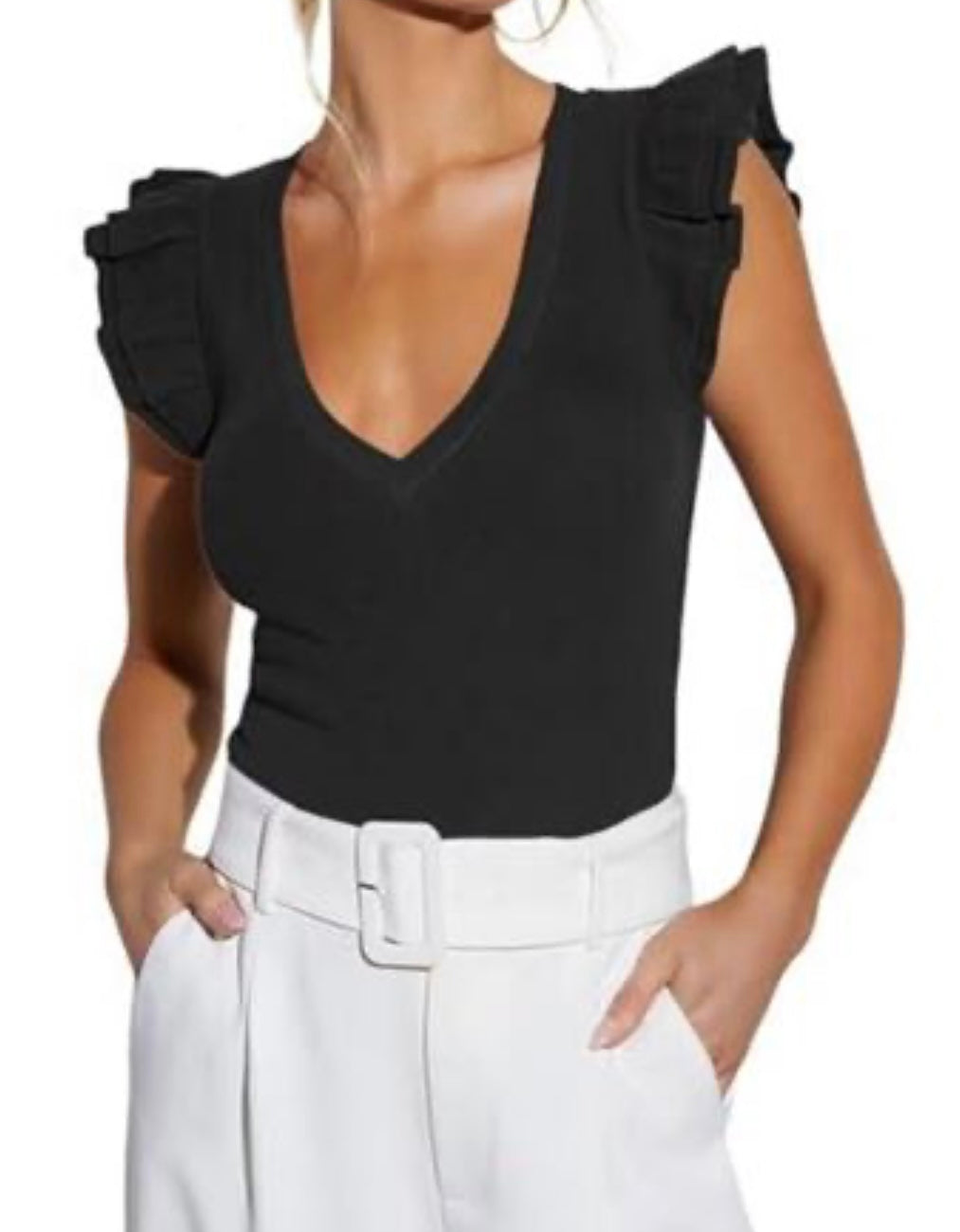 Deep V Neck Ruffle Knit Tank