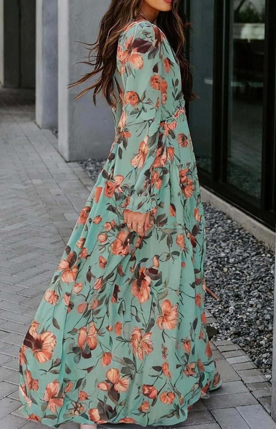 Casual Boho Floral Printed V Neck Long Sleeve Maxi