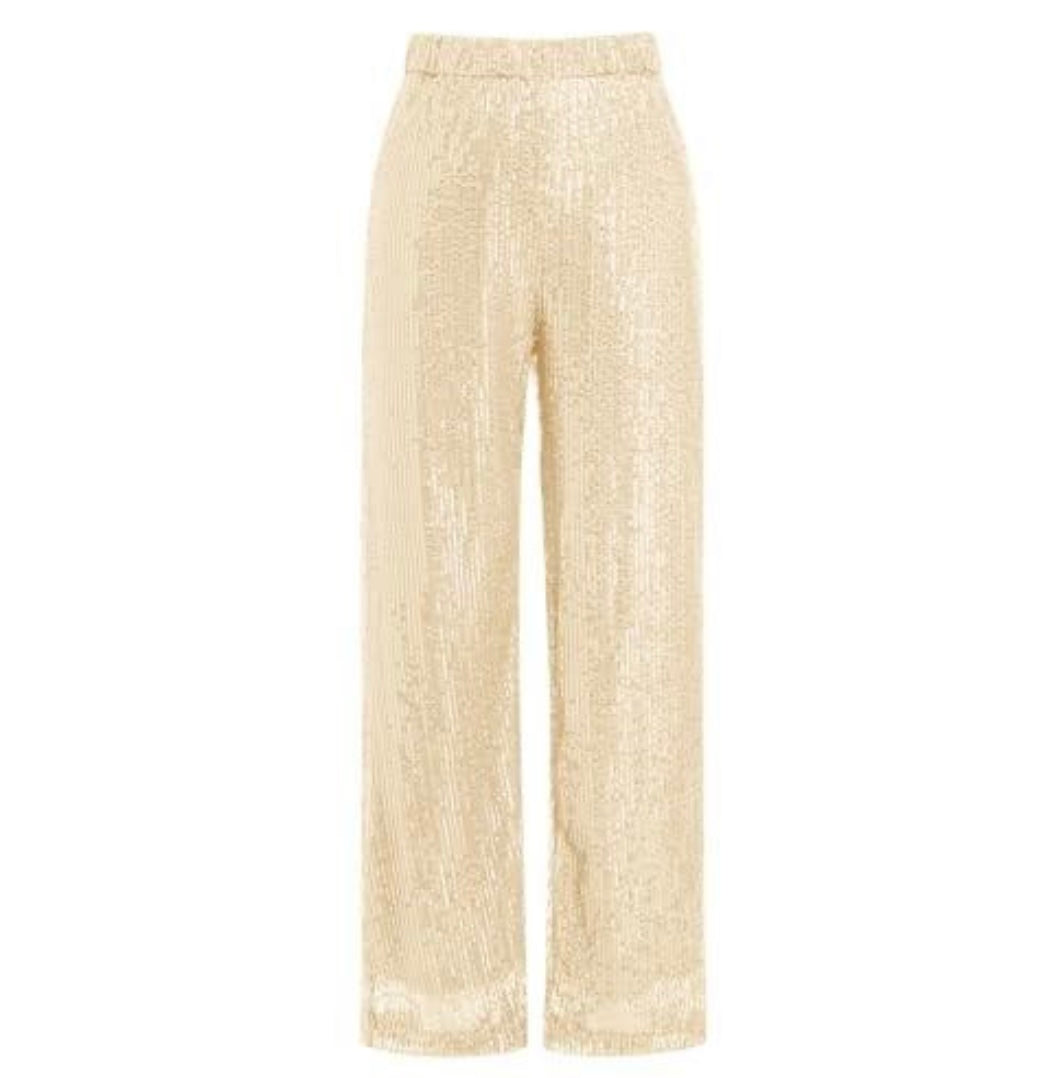 Women's Gold Glitter Pants, Wide Leg, High Waisted, Sparkle Sequin