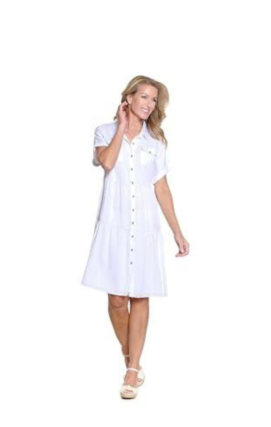 Cuffed Cap Sleeve Dolman 2-Pocket Tiered Shirtdress