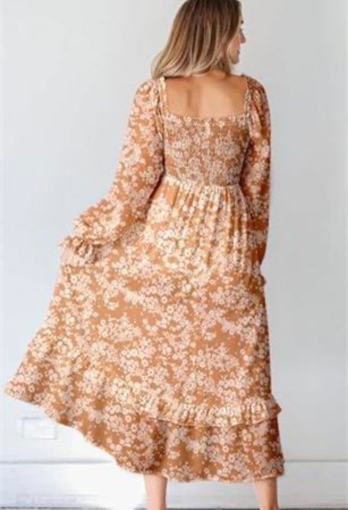 Long Sleeve Square Neck Smocked Maxi