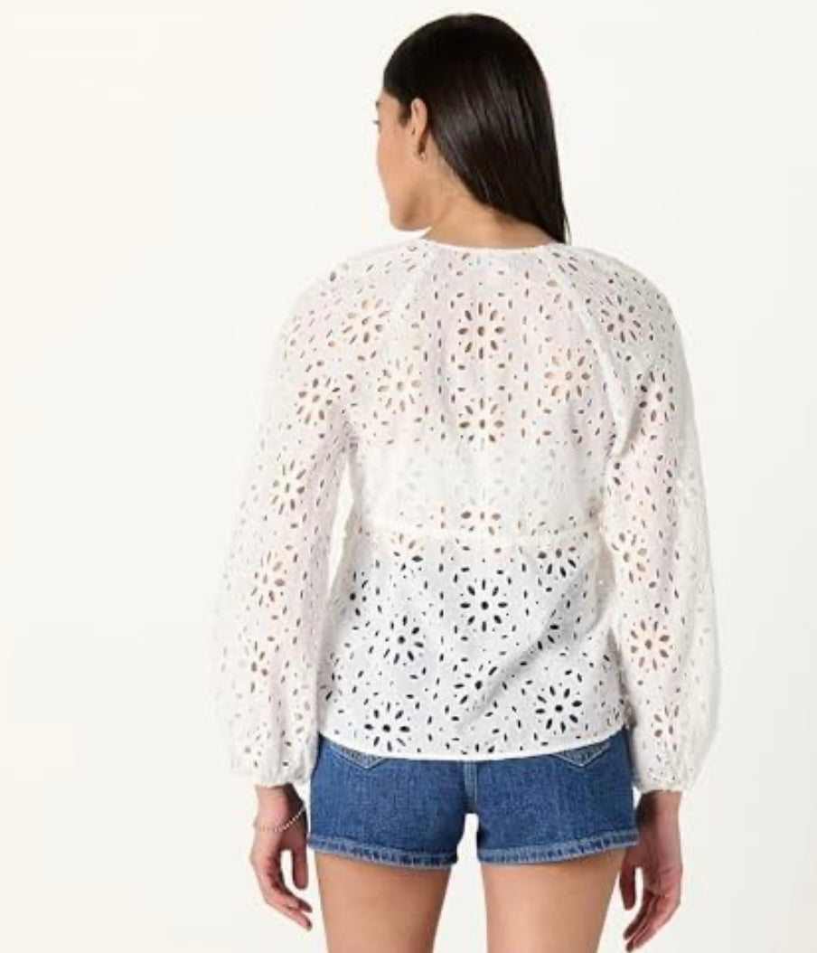 Kerena Tie Front Balloon Sleeve Blouse, White Eyelet