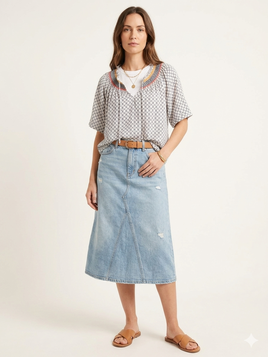 Knox Rose - White & Navy Blue Blouse, Embroidery Trim At Neckline, S