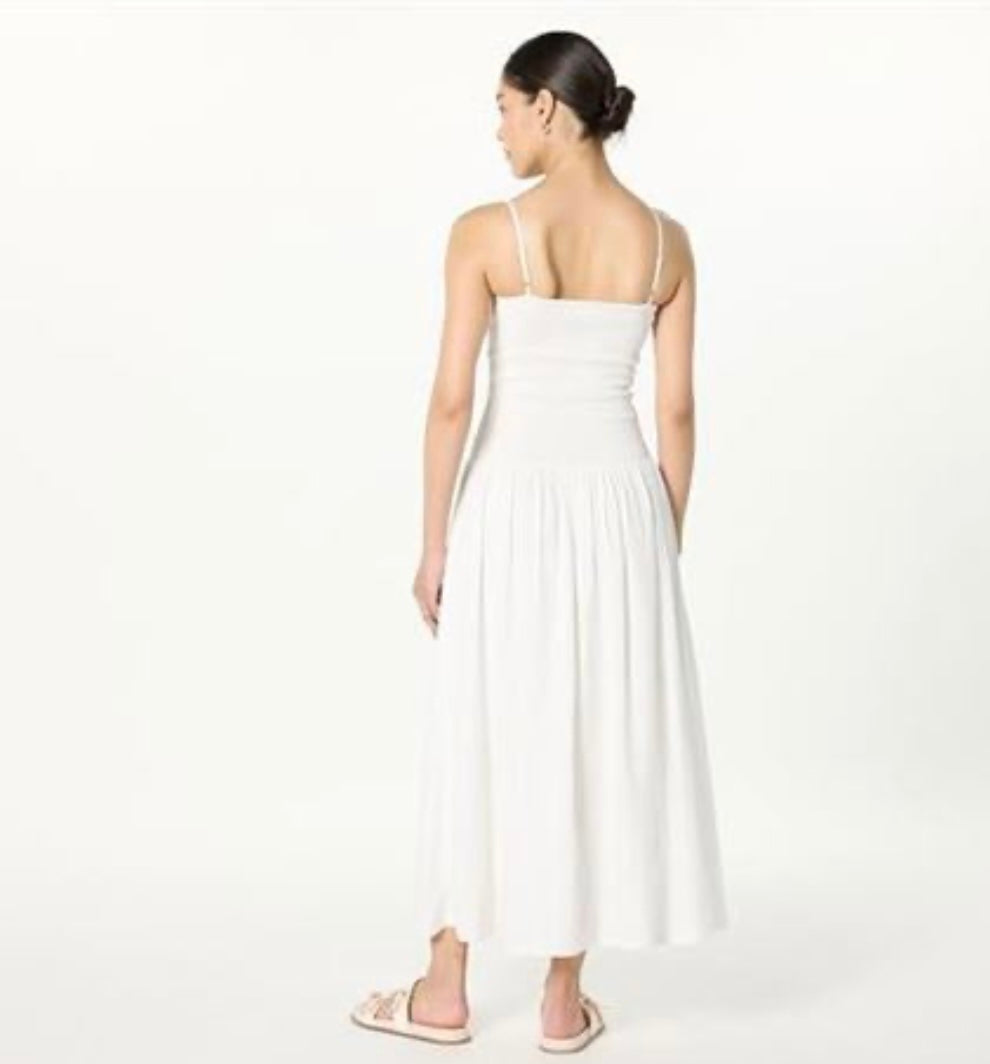 Florencia Smocked Bodice Linen Maxi Dress, White