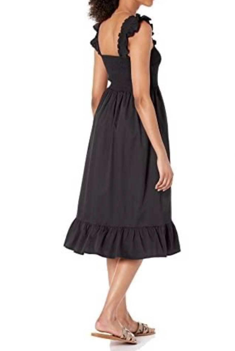 Kimi Ruffled Shoulder Smocked Midi Dress, Black