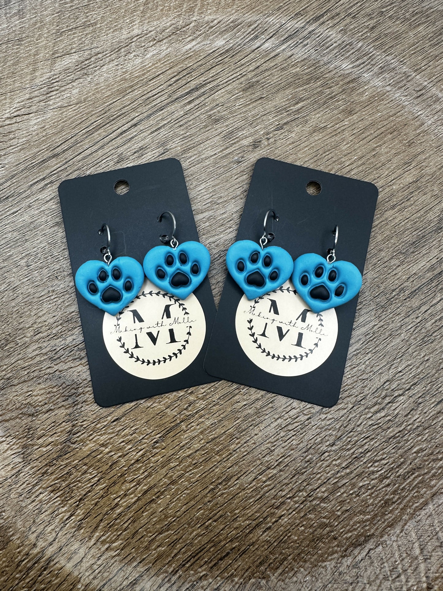 Blue Heart Pawprint Polymer Clay Earrings