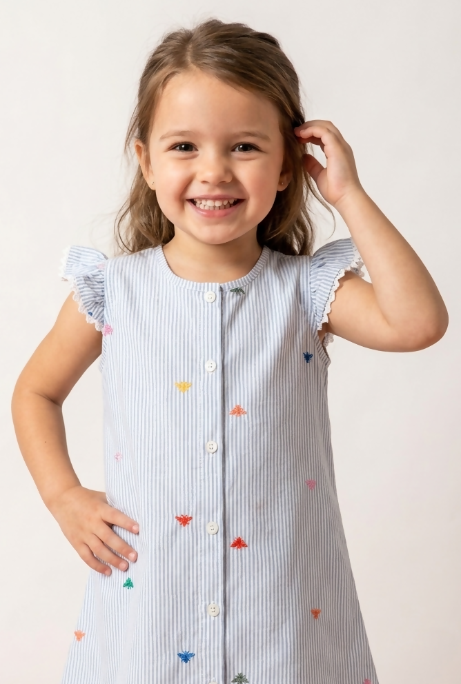 Striped Cotton Dress with Embroidered Bees