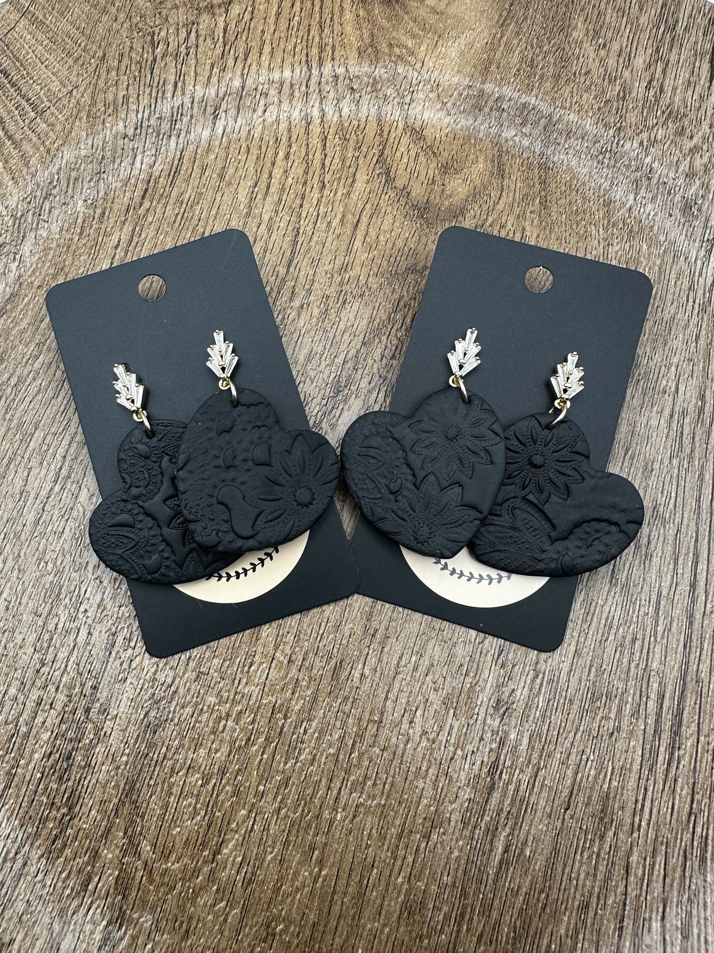 Large Black Stamped Heart Polymer Clay Earrings
