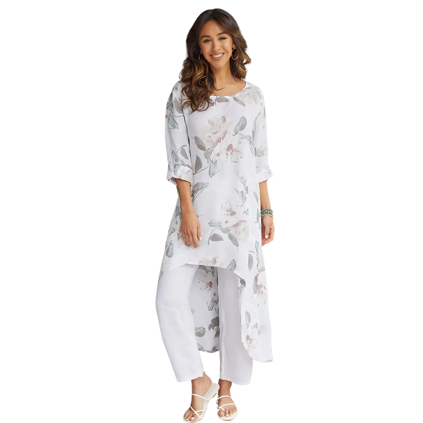 linen-floral-print-tunic-dress-high-low-quarter-sleeves-sowing-acorns-boutique