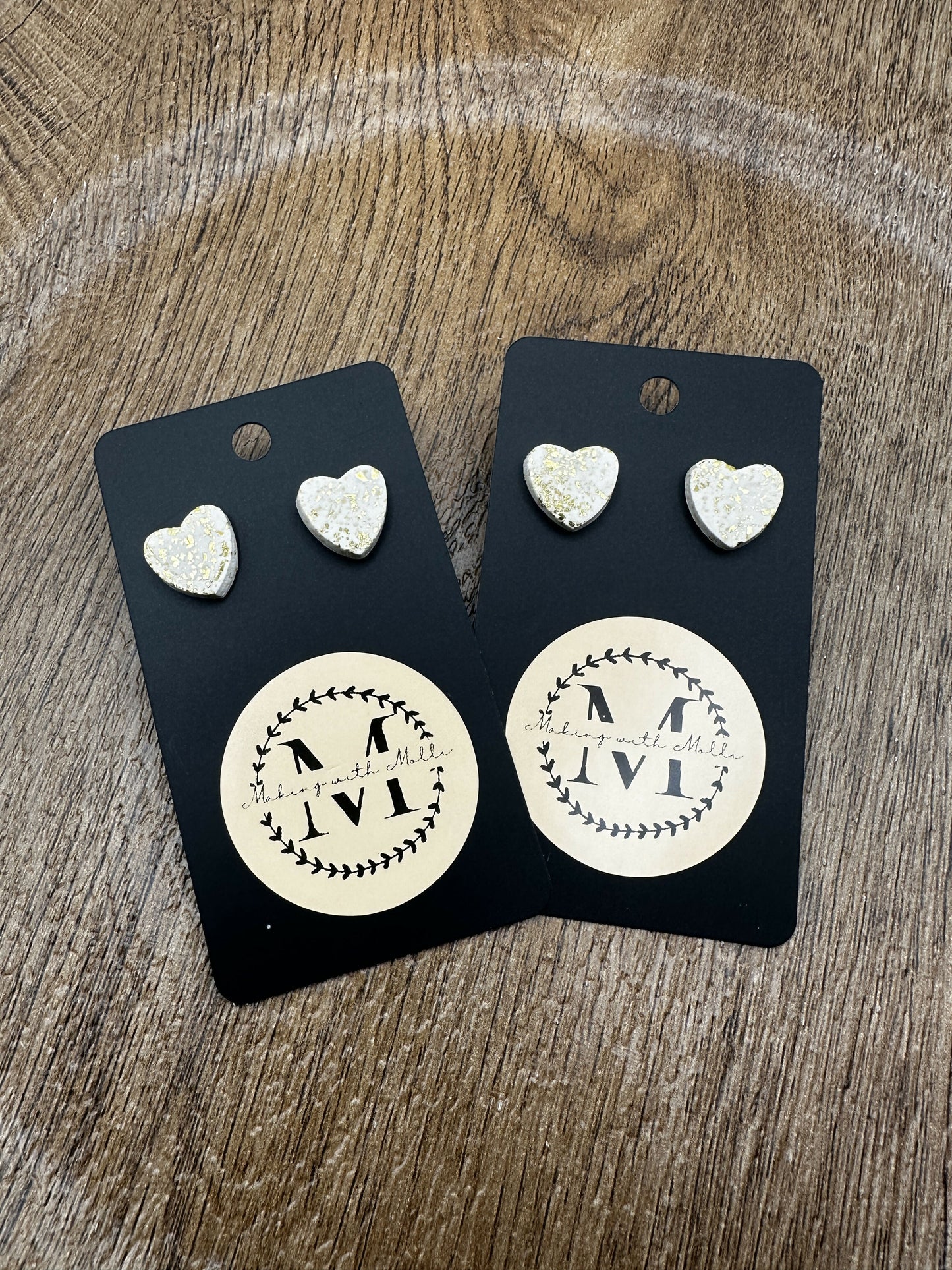 White & Gold Heart Stud Polymer Clay Earrings