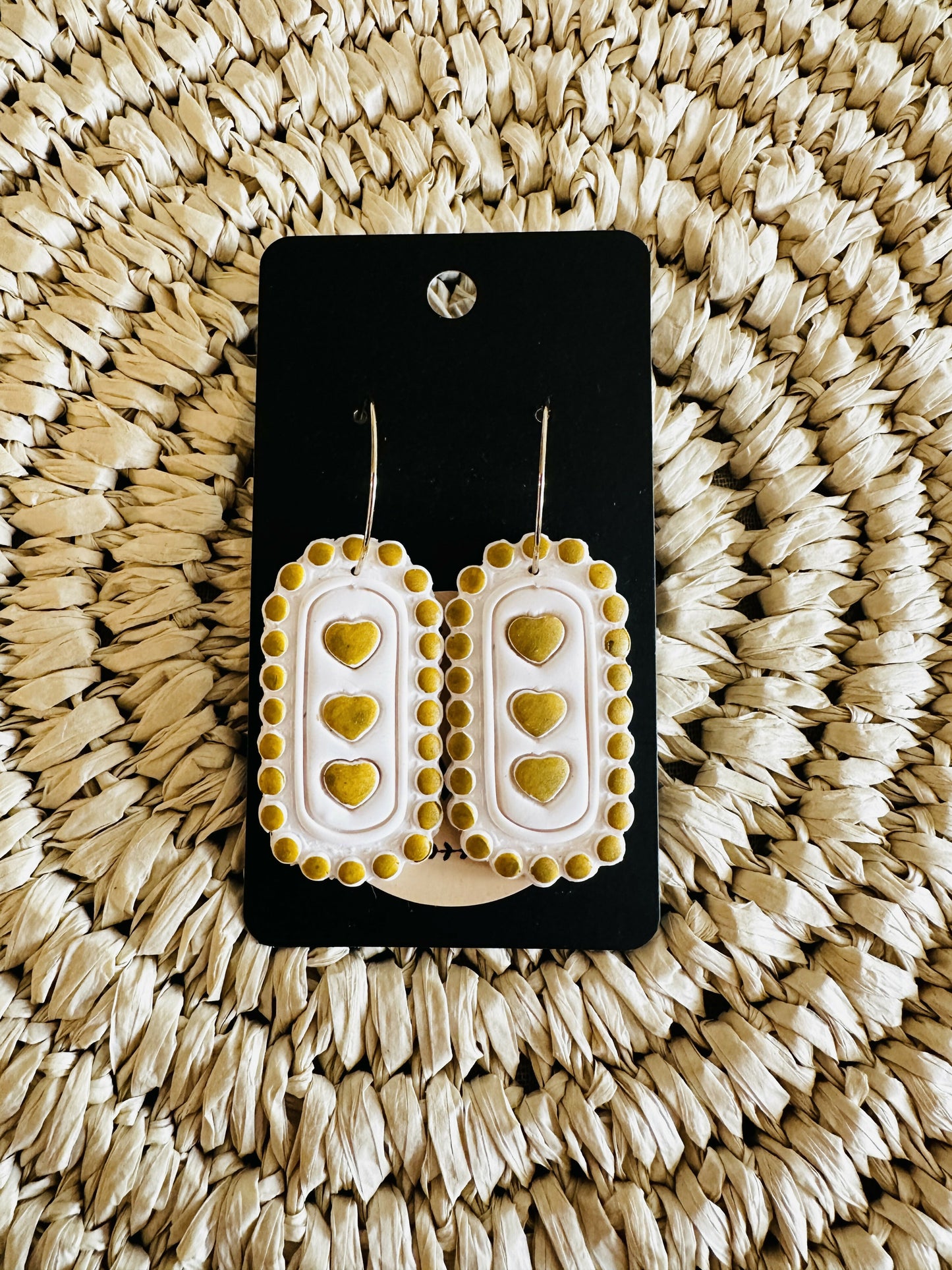 White & Gold Heart Dangle Polymer Clay Earrings