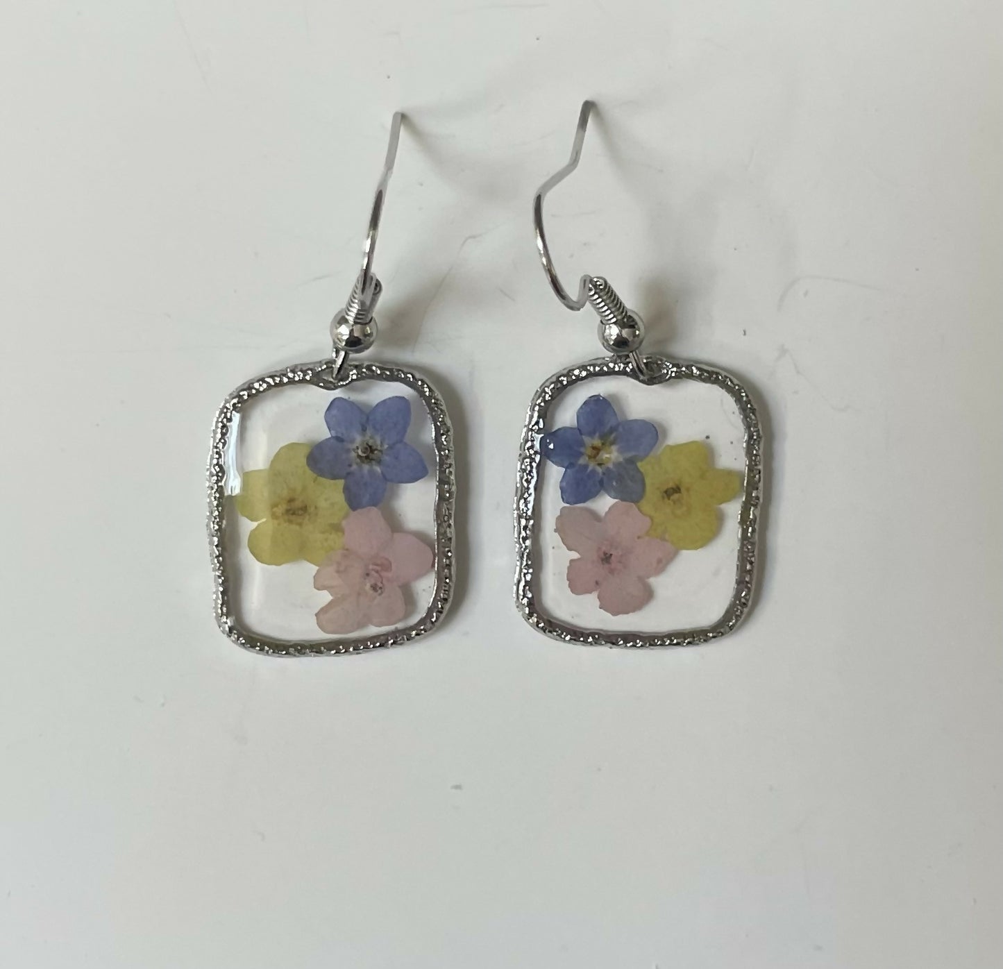Rectangular Pressed Flower Silver Earrings