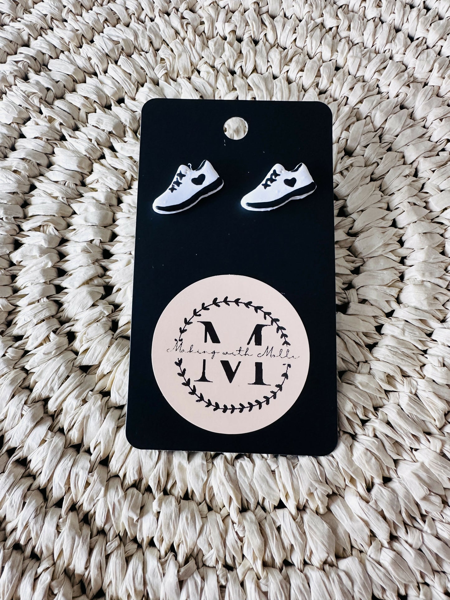 White & Black Sneaker Stud Polymer Clay Earrings