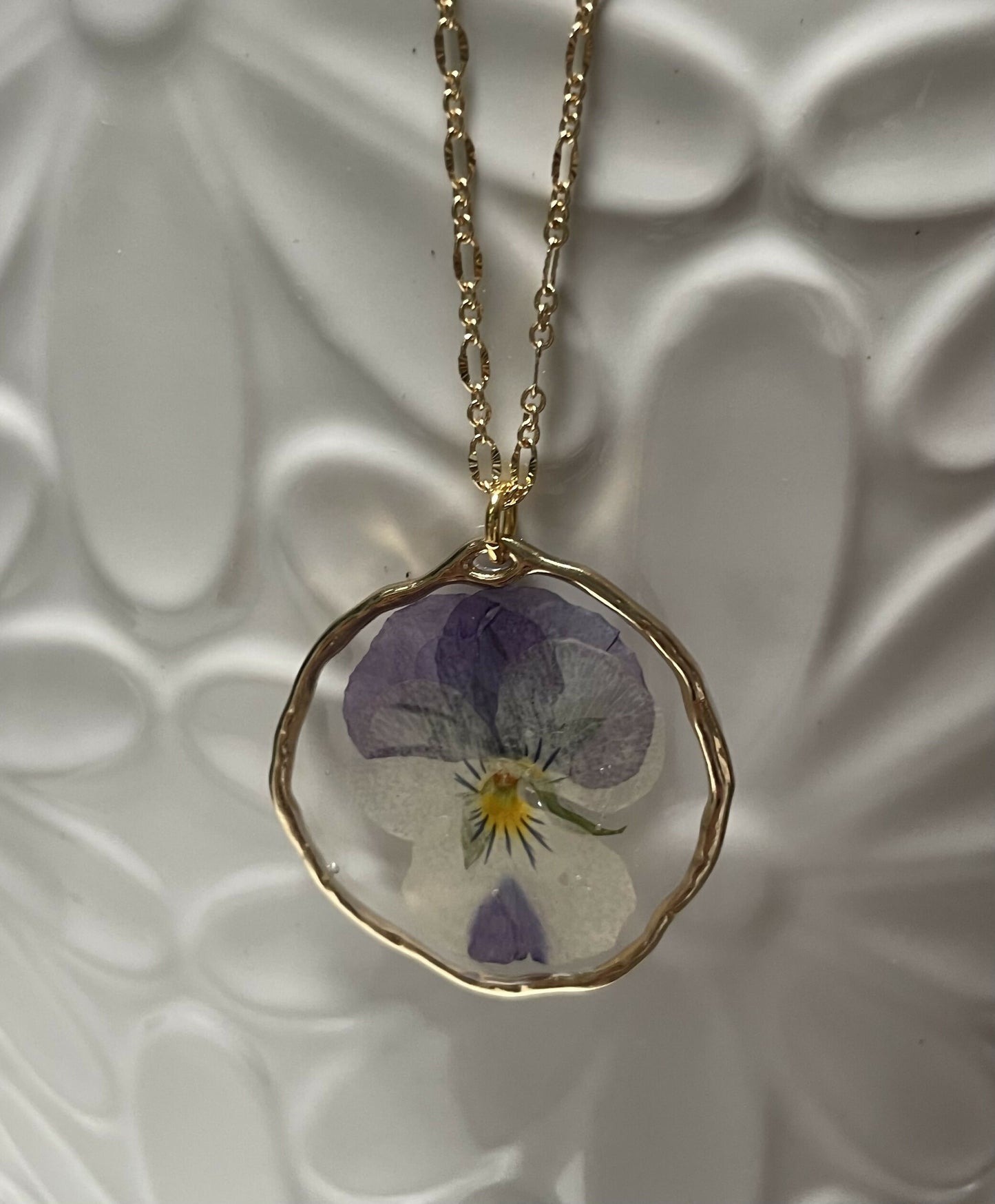 Violet Pressed Flower 1 1/4” Pendant on Gold 16” Chain