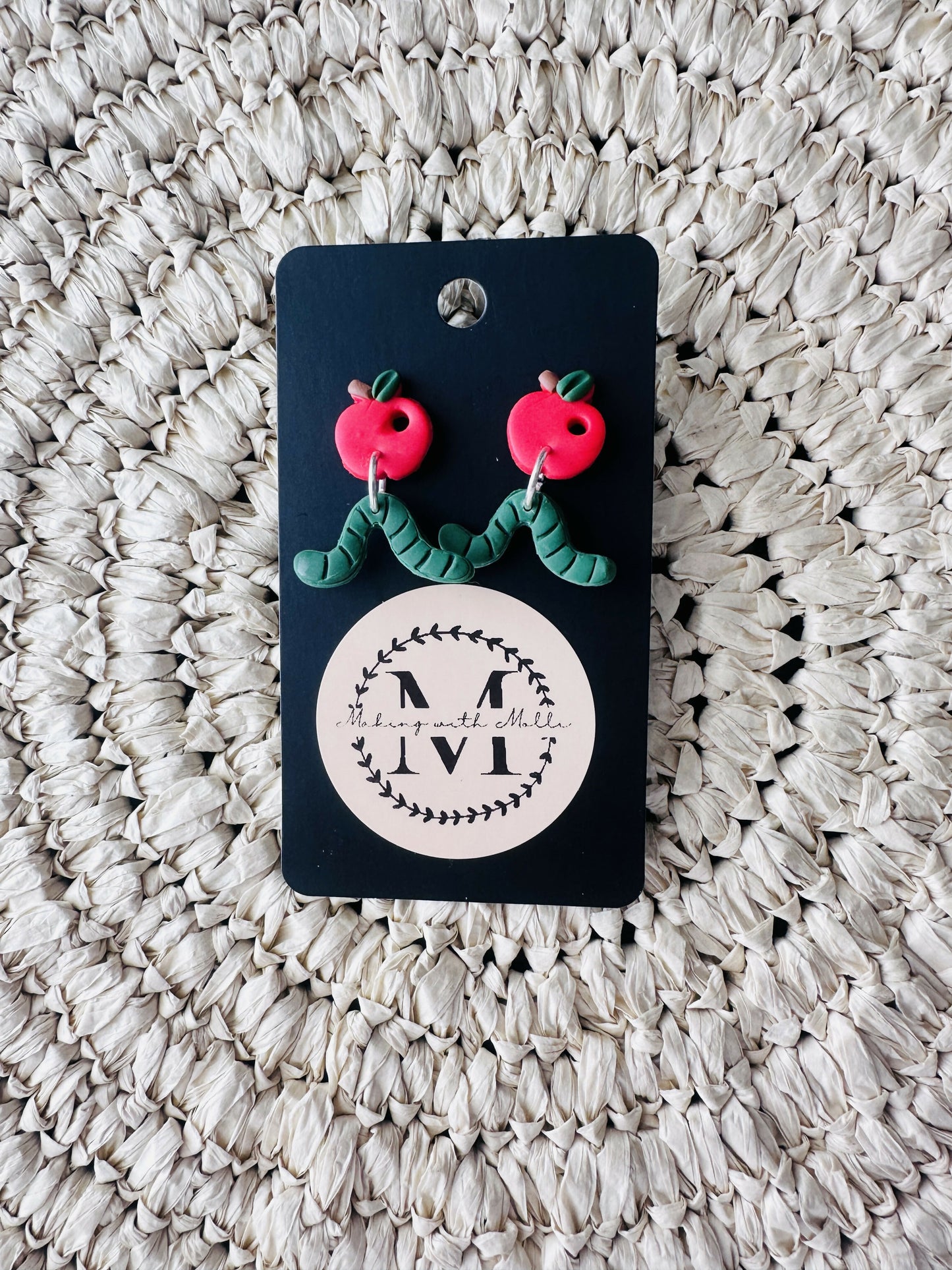 Apple & Worm Polymer Clay Earrings