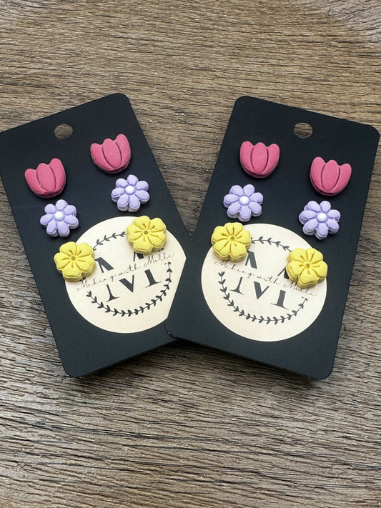 Spring Flower Stud Trio Polymer Clay Earring Pack