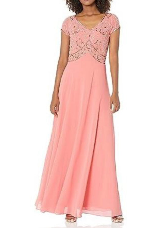 Cap Sleeve V-Neck Empire Waist Beaded Dress