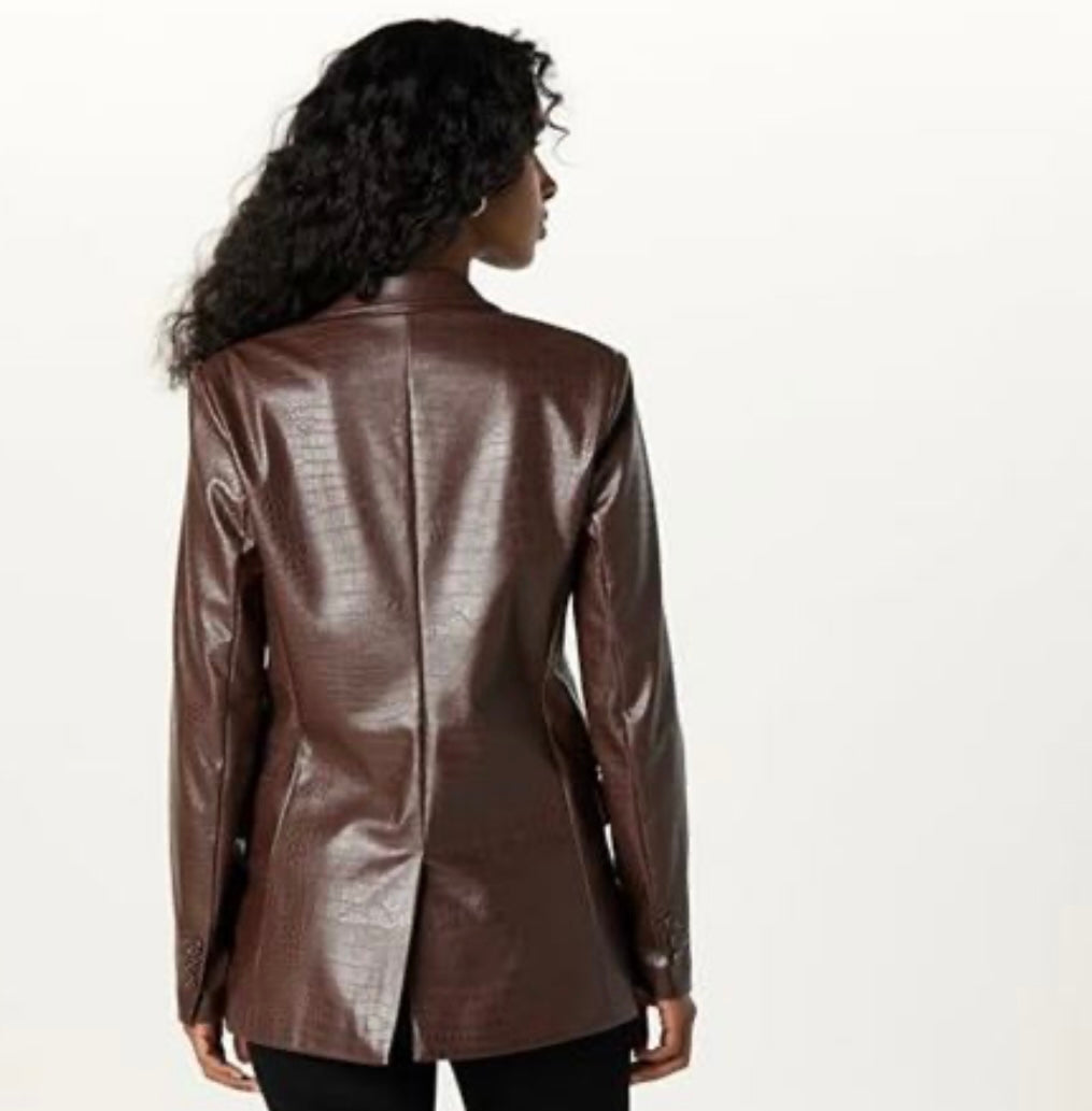 Faux-Leather Long Blazer, Chocolate Crocodile