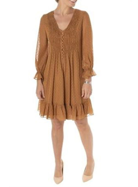 Long Sleeve Smocked Swiss Dotted Chiffon Dress