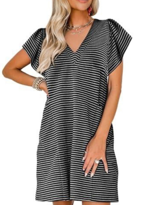 V Neck Short Sleeve Striped Mini Dress