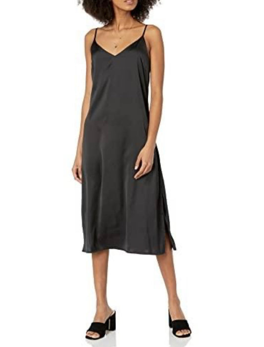 Ana Silky V-Neck Midi Slip Dress Dress, -Black