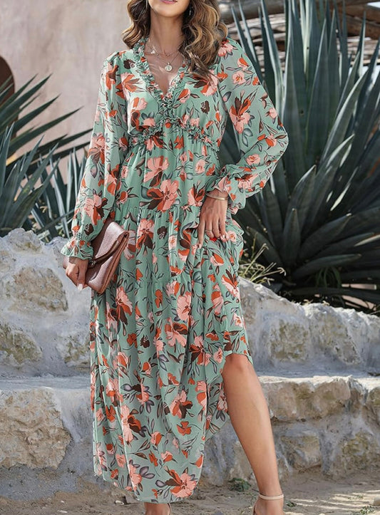 Casual Boho Floral Printed V Neck Long Sleeve Maxi