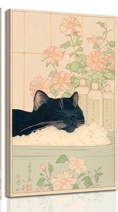 Funny Japanese Bathroom Cat Wall Art