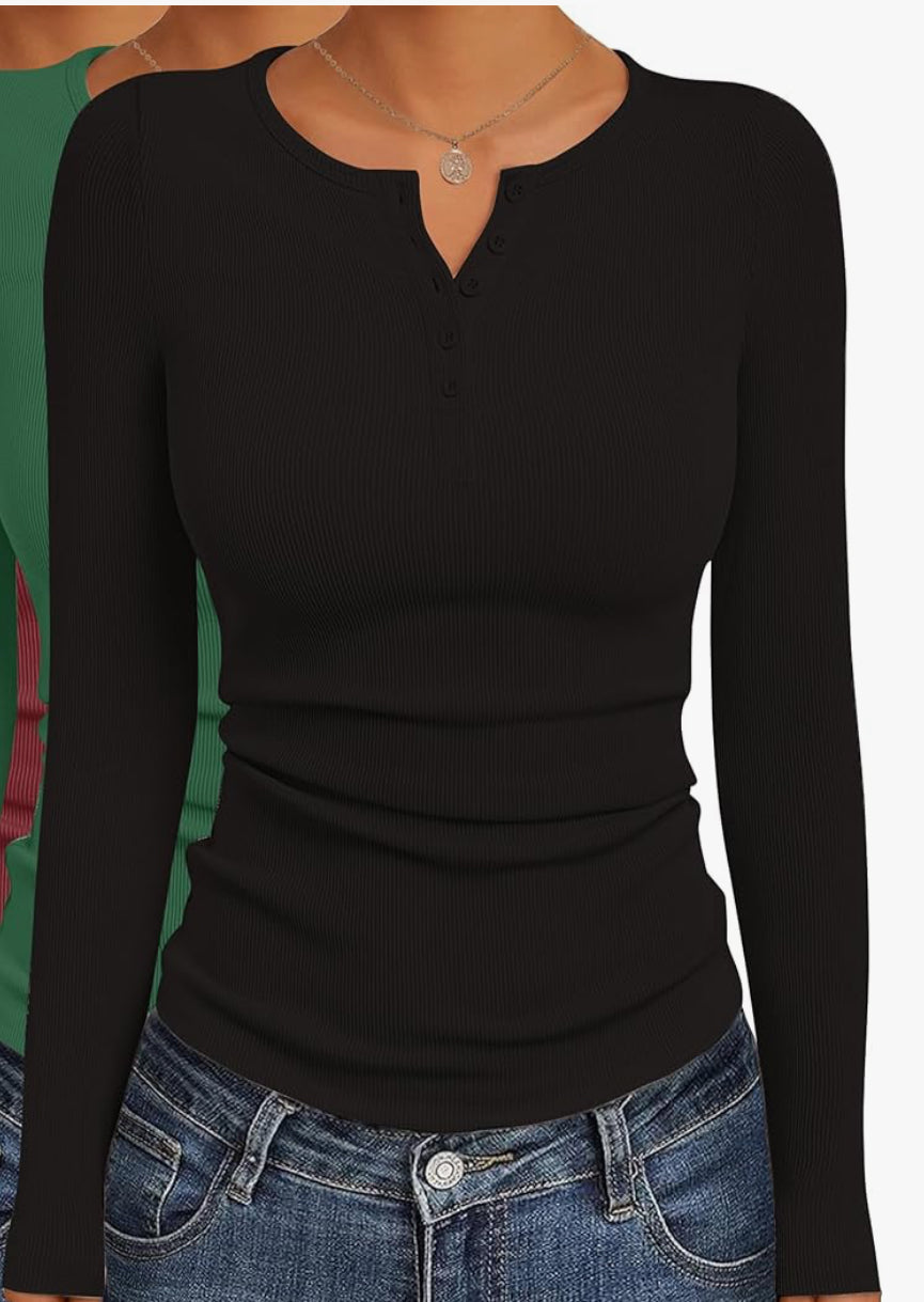 Women's Long Sleeve Shirt, Henley Button Down Top Ribbed
