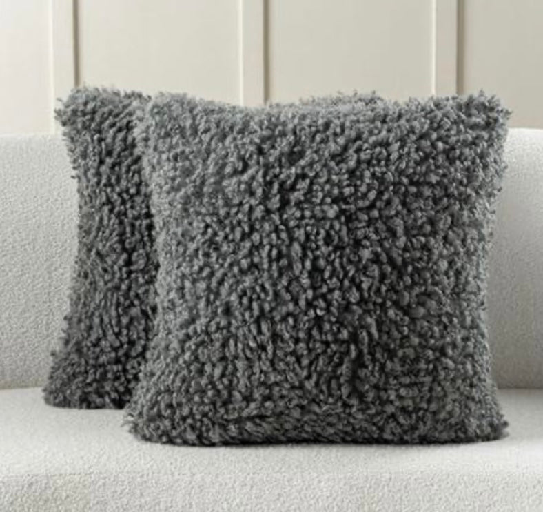 Fluffy Faux Wool Gray Throw Pillows, set