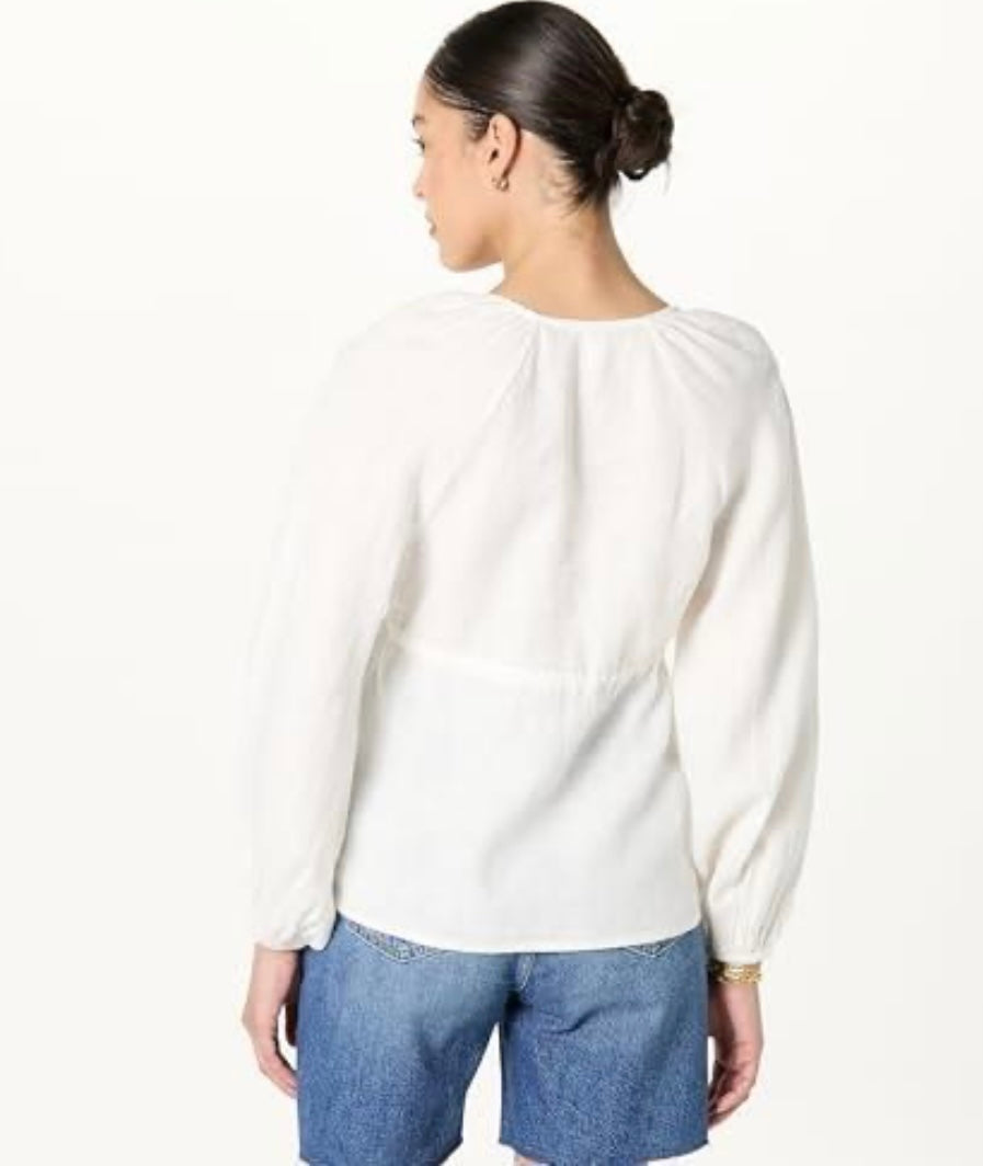 Kerena Tie Front Balloon Sleeve Blouse, White Linen