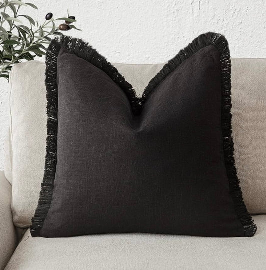 Decorative Linen Fringe Throw Pillow, Black