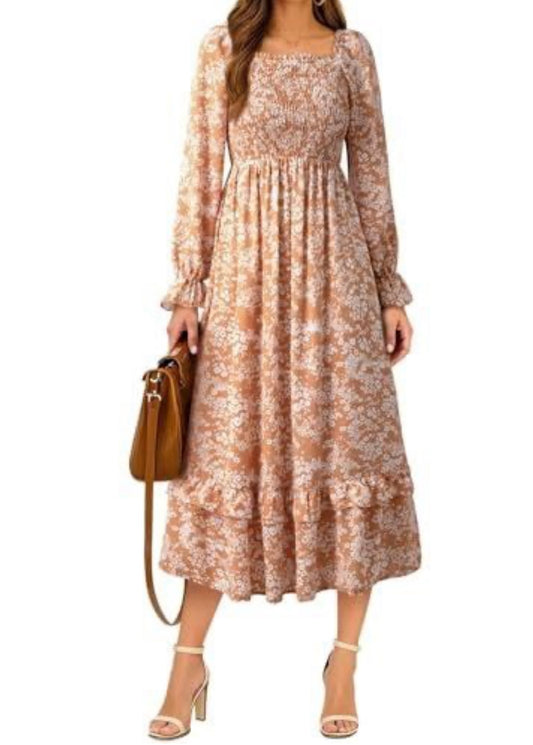 Long Sleeve Square Neck Smocked Maxi