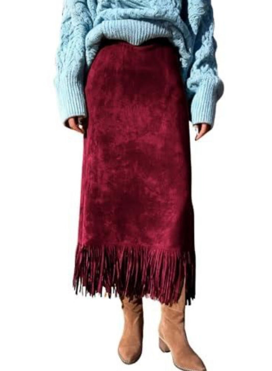 Fringe Trim Faux Suede Skirt