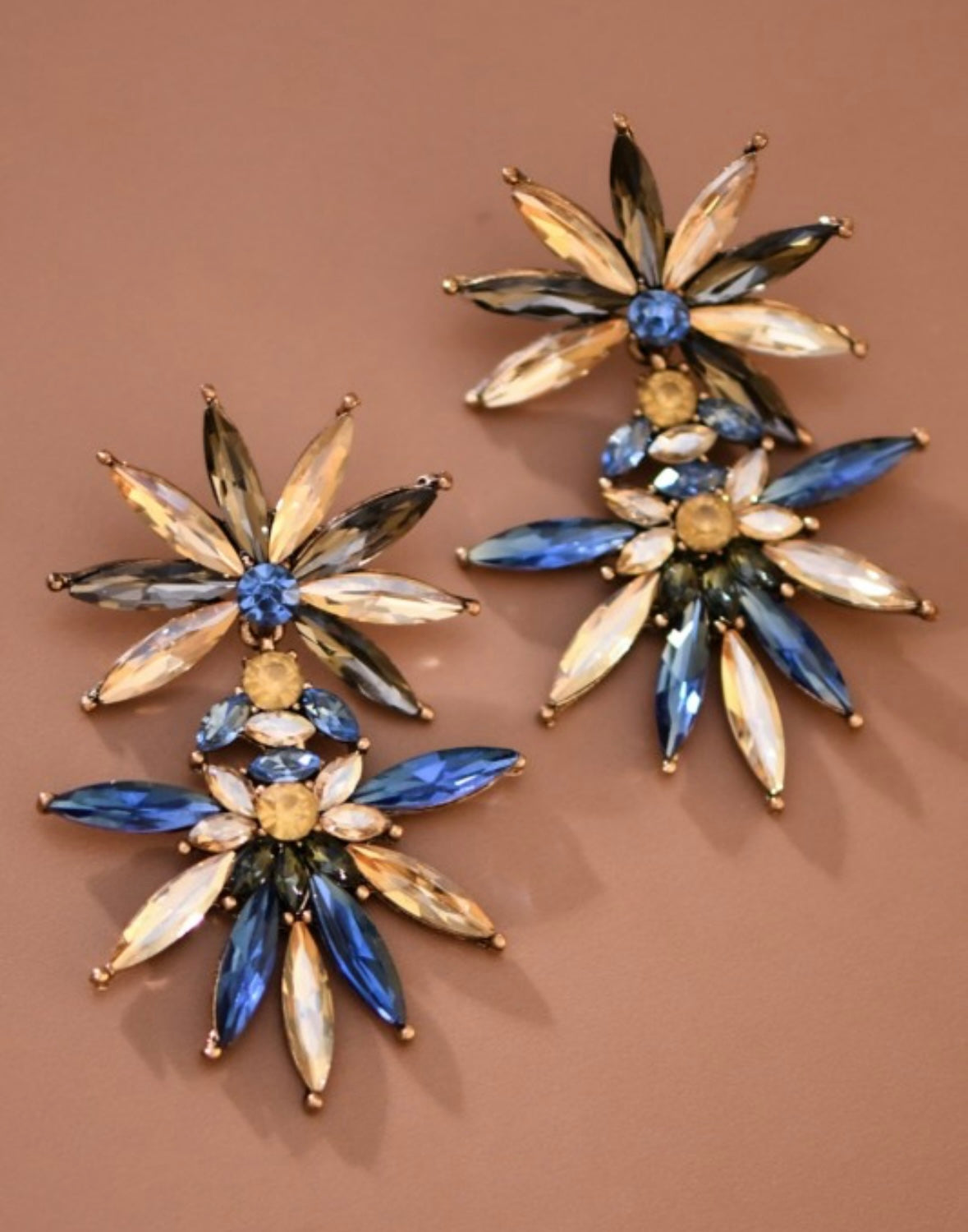 Cream / Blue Crystal Statement Earrings