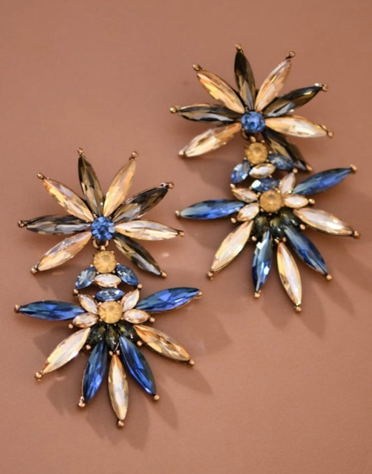 Cream / Blue Crystal Statement Earrings