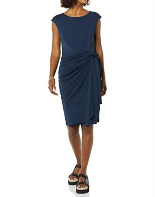 Women's Cap Sleeve Boat-Neck Faux Wrap Dress, Navy