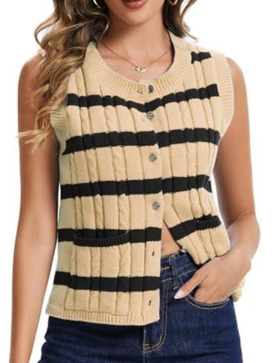 Casual Sleeveless Knit Cardigan,Striped