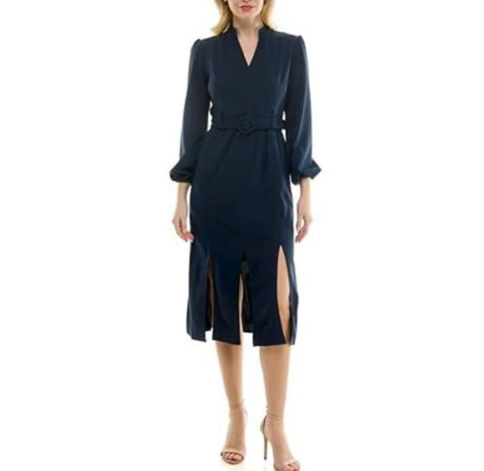 Maison Tara Women's Long Sleeve V-Neck Belted Sheath Dress