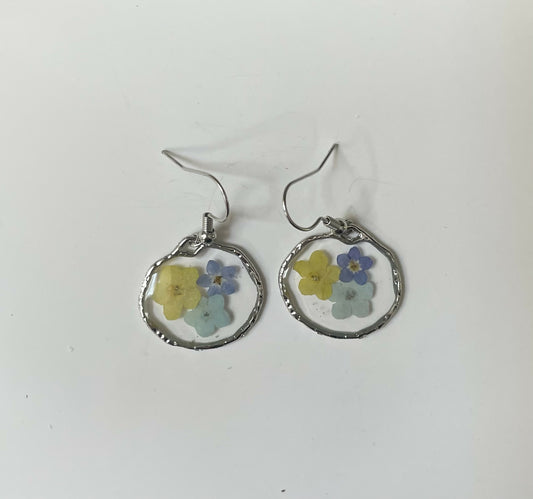 Pastel Pressed Flowers Silver Round Earrings