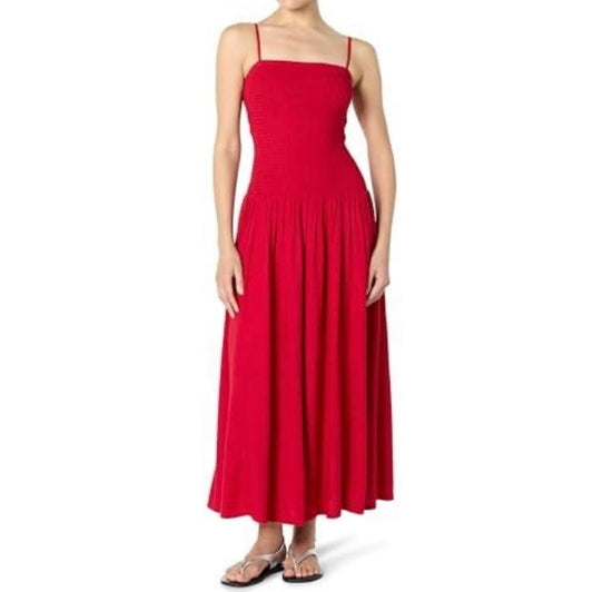 Florencia Smocked Bodice Linen Maxi Dress, Crimson