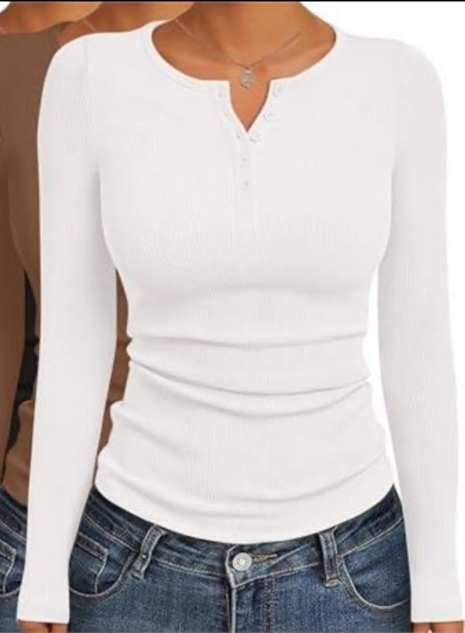 Women's Long Sleeve Shirt, Henley Button Down Top Ribbed