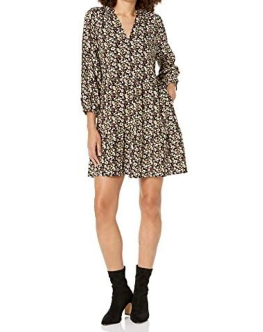 @caralynmirand Ruffle-Neck Tiered Mini Dress, Black Floral