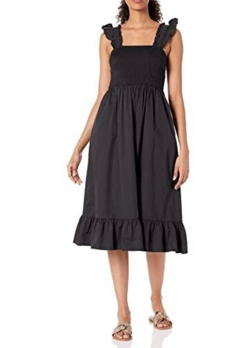 Kimi Ruffled Shoulder Smocked Midi Dress, Black